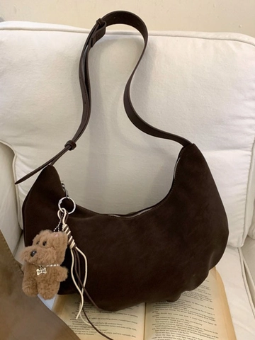 Women Large Capacity PU Leather Hobo Crossbody Bag Vintage Dumpling Shoulder Bag With Plush Bear Charm For Daily Commute
