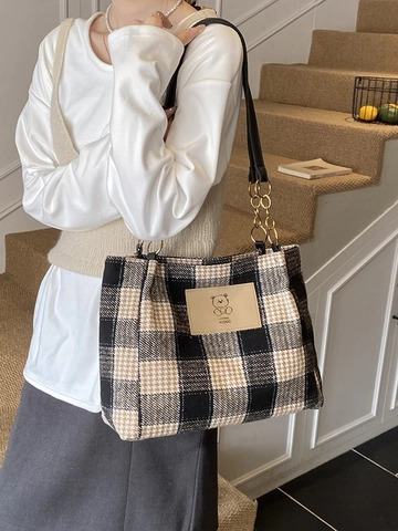 Borsa Tote in Lana a Quadretti di Grande Capacità Retro Autunno Inverno Borsa a Spalla da Donna Moda Casual Borsa Sottobraccio