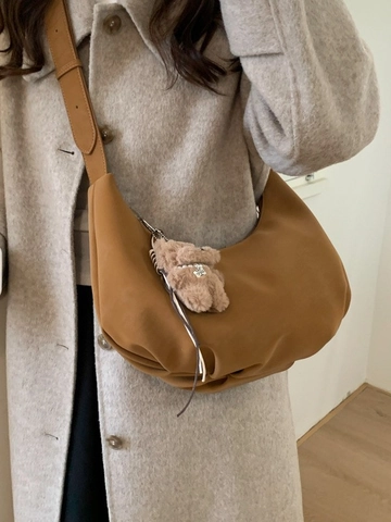 Women Large Capacity PU Leather Hobo Crossbody Bag Vintage Dumpling Shoulder Bag With Plush Bear Charm For Daily Commute