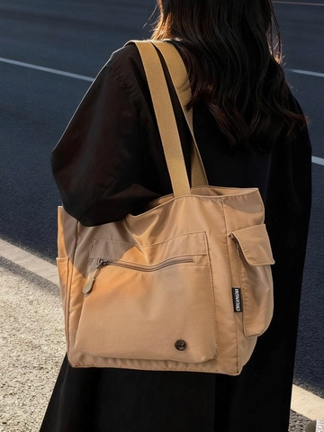 Bolso Tote de Nylon de Gran Capacidad para Mujer Bolso de Hombro Impermeable de Color Sólido Casual Escuela Multibolsillos