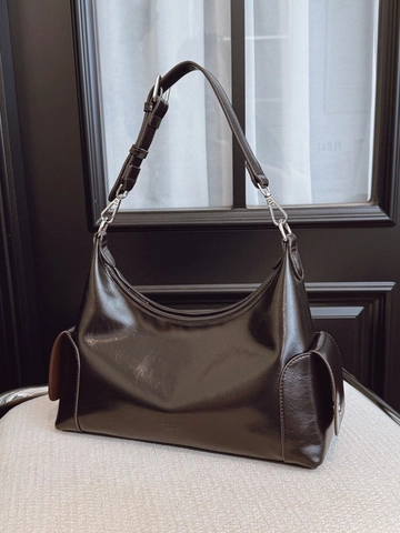 Bolso de Hombro Hobo de Cuero PU Brillante de Gran Capacidad para Mujer Bolso de Mano Minimalista Vintage para Diario Con Bolsillos Laterales Bolso Bandolera