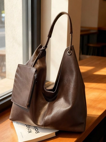 Sac Fourre-tout Hobo Rétro Minimaliste Grande Capacité en Cuir PU Bandoulière Avec Pochette Assortie Sac à Main de Mode pour Femmes