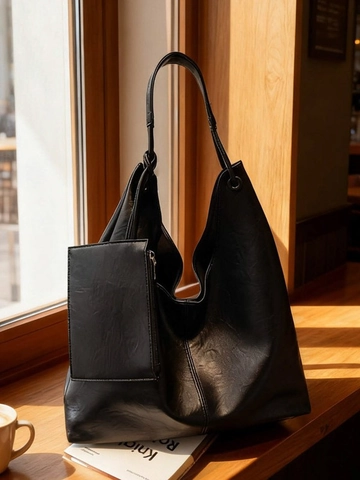 Sac Fourre-tout Hobo Rétro Minimaliste Grande Capacité en Cuir PU Bandoulière Avec Pochette Assortie Sac à Main de Mode pour Femmes