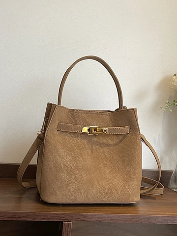 Bolso de Cubo de Cuero PU Mate Vintage para Mujer Bolso de Mano de Color Sólido a la Moda Con Cierre de Metal y Correa de Hombro Ajustable