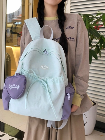 Mochila de Nailon para Mujer Estilo Coreano Gran Capacidad Mochila Escolar Con Colgante Corazón Lazo Repelente al Agua