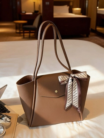 Grande Borsa Tote da Donna in Pelle PU Trama Litchi Borsa a Mano Con Sciarpa Decorativa in Seta Urban Minimalista Tracolla