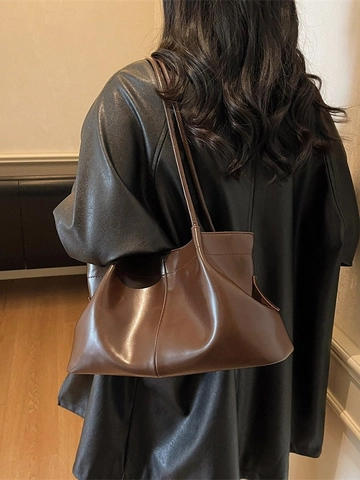 Bolso Tote de Cuero PU Plisado de Gran Capacidad Mujer Retro Casual Color Sólido Hombro Versátil Diario Viaje Diario Bolso