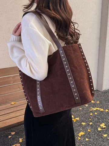 Large Capacity Vintage Suede Tote Bag For Women Retro Rivet Shoulder Bag Commuting Frosted Matte Hobo Shopping Handbag