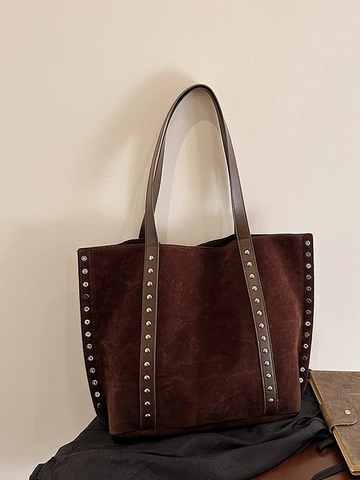 Large Capacity Vintage Suede Tote Bag For Women Retro Rivet Shoulder Bag Commuting Frosted Matte Hobo Shopping Handbag