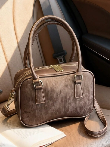 Sac Boston Vintage en Cuir PU pour Femmes Sac à Main Texture Suède Retro Petit Sac à Bandoulière Mode pour Dames Quotidien