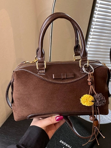 Women Retro PU Suede Patchwork Boston Bag Pillow Bag Crossbody Handbag With Pompom Bow Decor Vintage Shoulder Bag Daily Bag