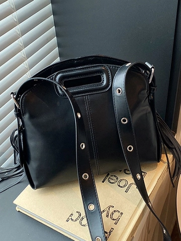 Borsa a Tracolla in Pelle PU Vintage da Donna Con Decorazione a Frange Tracolla con Occhielli in Metallo Manico Cutout