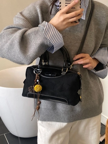 Women Retro PU Suede Patchwork Boston Bag Pillow Bag Crossbody Handbag With Pompom Bow Decor Vintage Shoulder Bag Daily Bag