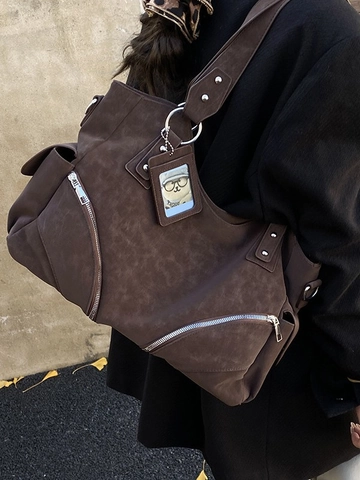 Grote Capaciteit Matte PU Lederen Tote Tas Voor Vrouwen Retro Casual Rits Decoratie Schoudertas Mode Woon-Werkverkeer Handtas