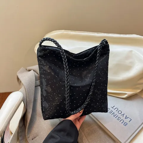 Mode Damen Nylon Tote Bag Schmetterling Punktmuster Bedruckt Umhängetasche Mit Geflochtenem Riemen Große Kapazität Alltagstasche