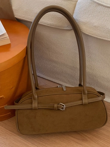 Retro Minimalist PU Leather Shoulder Bag For Women Faux Suede Texture Underarm Baguette Bag With Belt Buckle Decor Fashion Handbag