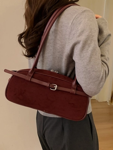 Retro Minimalist PU Leather Shoulder Bag For Women Faux Suede Texture Underarm Baguette Bag With Belt Buckle Decor Fashion Handbag