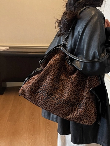 Leopard Print Large Capacity Tote Bag Faux Suede Shoulder Bag With Embroidery Casual Commuter Handbag For Women Gift Bag