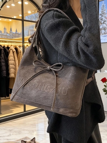 Women Large Capacity PU Leather Tote Bag Fashion Bow Decoration Underarm Shoulder Bag Vintage Korean Style Casual Purse
