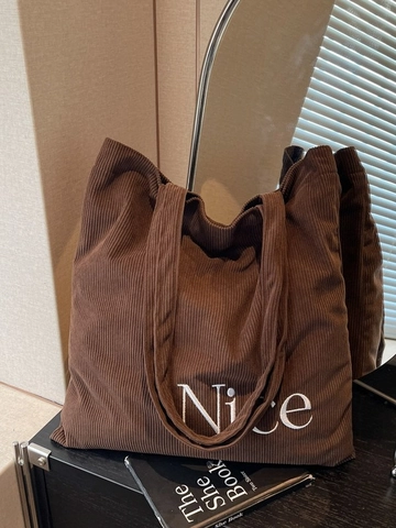 Sac Tote en Velours Côtelé pour Femmes Style Coréen Grande Capacité Broderie Lettre Nice Sac à Épaule pour Navette Quotidienne