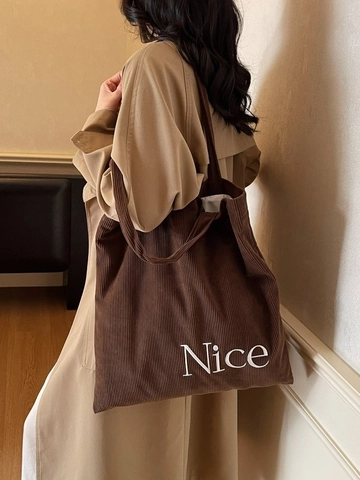 Sac Tote en Velours Côtelé pour Femmes Style Coréen Grande Capacité Broderie Lettre Nice Sac à Épaule pour Navette Quotidienne
