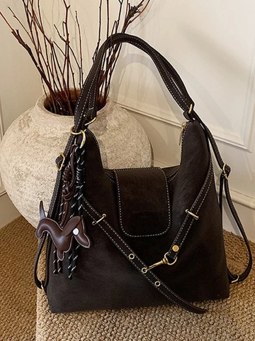 Vintage PU Leather Backpack For Women Fashion Multi-use Shoulder Bag Large Capacity Commuting Hobo Bag With Contrast Stitching