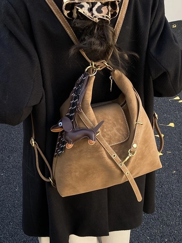 Vintage PU Leather Backpack For Women Fashion Multi-use Shoulder Bag Large Capacity Commuting Hobo Bag With Contrast Stitching