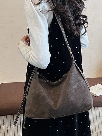 Γυναικεία Ρετρό Τσάντα Hobo Tote PU Δέρμα Τσάντα Ώμου Χιαστί Αντίθεση Ραφές Φερμουάρ Καθημερινή Τσάντα