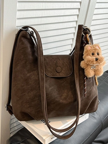 Vintage Large Capacity PU Leather Shoulder Bag For Women Retro Commuter Tote Bag With Plush Pendant Solid Color Hobo Bag