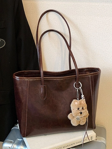 Women Retro PU Leather Large Capacity Tote Bag Vintage Commuter Shoulder Bag With Plush Pendant Fashion Versatile Shopping Bag