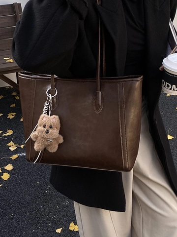Women Retro PU Leather Large Capacity Tote Bag Vintage Commuter Shoulder Bag With Plush Pendant Fashion Versatile Shopping Bag