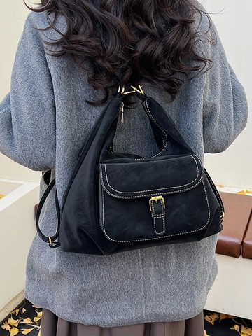 Bolso de Hombro Hobo de Cuero PU Retro para Mujer Bolso Tote Gran Capacidad Con Costuras en Contraste Bolso de Axila Vintage