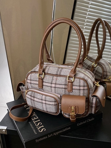 Damen Retro Karo Bowling Tasche Multitaschen Britischer Stil Karomuster Umhängetasche PU Gewebe Patchwork Schultertasche