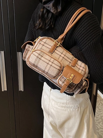 Damen Retro Karo Bowling Tasche Multitaschen Britischer Stil Karomuster Umhängetasche PU Gewebe Patchwork Schultertasche