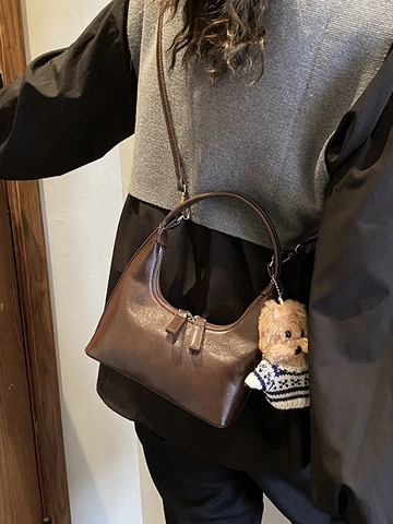 Retro Women's PU Leather Shoulder Bag Half Moon Hobo Bag With Plush Dog Charm Fashion Crossbody Handbag For Daily Commuting