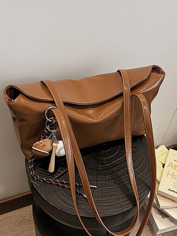 Mode Damen PU Leder Schultertasche Retro Glänzend Unterarm Tote Bag Mit Baseball Schlüsselanhänger Große Kapazität Tasche
