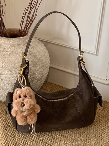 Women Vintage PU Leather Hobo Crossbody Bag High End Underarm Dumpling Bag Solid Color Casual Shoulder Bag With Plush Charm