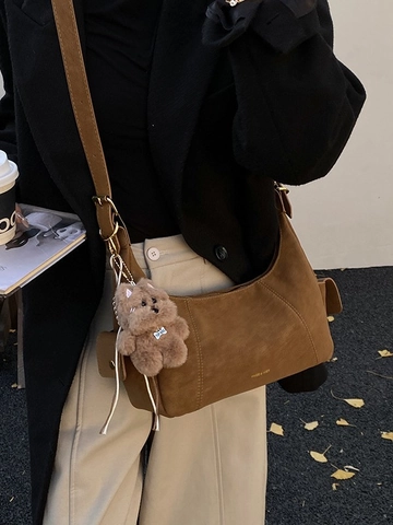 Women Vintage PU Leather Hobo Crossbody Bag High End Underarm Dumpling Bag Solid Color Casual Shoulder Bag With Plush Charm