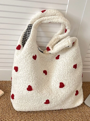 Women Plush Tote Bag Heart Flower Embroidery Soft Warm Winter Shoulder Bag Large Capacity Plaid Lining Casual Fashion Handbag