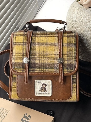Zaino a Quadri in Stile Britannico per Donna Zaino in Pelle PU Patchwork in Tweed Retrò Cartella per la Scuola Zainetto da Viaggio