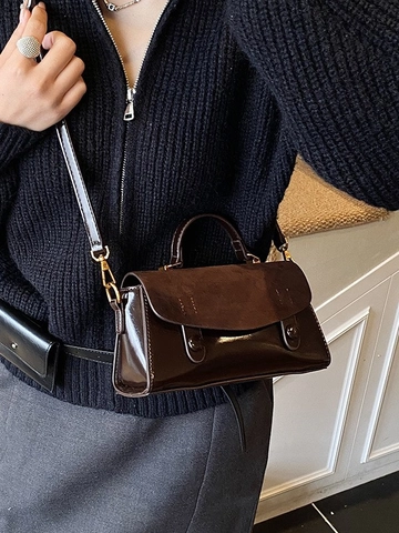 Sac Bandoulière Vintage pour Femmes en Cuir PU Épissage de Matériaux Contrasté Petit Sac Carré avec Bandoulière Réglable