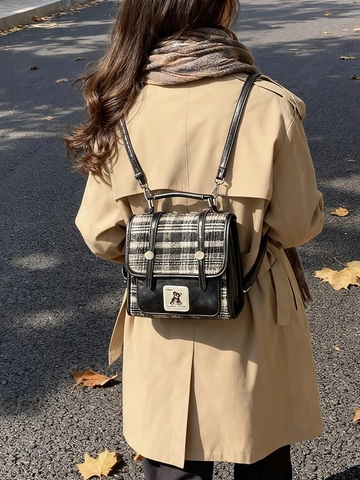 Zaino a Quadri in Stile Britannico per Donna Zaino in Pelle PU Patchwork in Tweed Retrò Cartella per la Scuola Zainetto da Viaggio