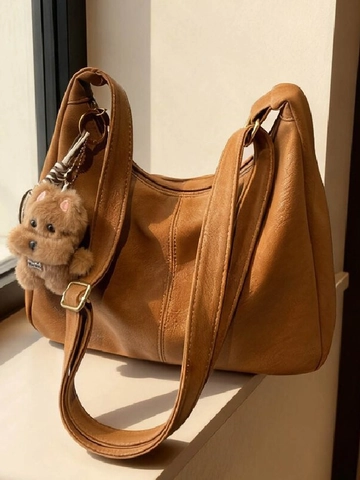 Vintage Mode Damen Große Kapazität PU Leder Umhängetasche Hobo Tragetasche Mit Plüsch Hund Anhänger Retro Pendeln Crossbody Tasche