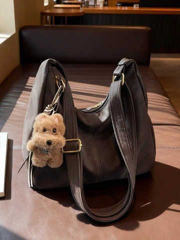 Vintage Mode Damen Große Kapazität PU Leder Umhängetasche Hobo Tragetasche Mit Plüsch Hund Anhänger Retro Pendeln Crossbody Tasche