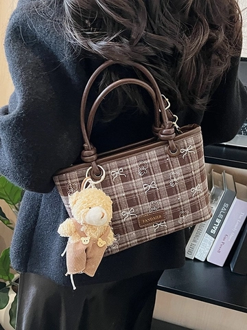 Bolso Cubo a Cuadros Vintage para Mujer Bolso Bandolera a Cuadros Retro Con Colgante de Oso Cuero PU Bolso de Hombro