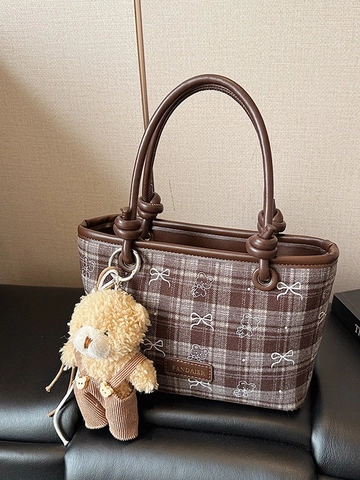 Bolso Cubo a Cuadros Vintage para Mujer Bolso Bandolera a Cuadros Retro Con Colgante de Oso Cuero PU Bolso de Hombro