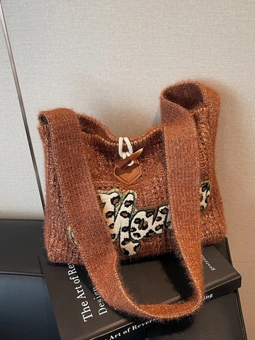 Sac Fourre-tout en Tricot Vintage Femmes avec Lettres Léopard Brodées Automne Hiver Souple Sac à Bandoulière Grande Capacité