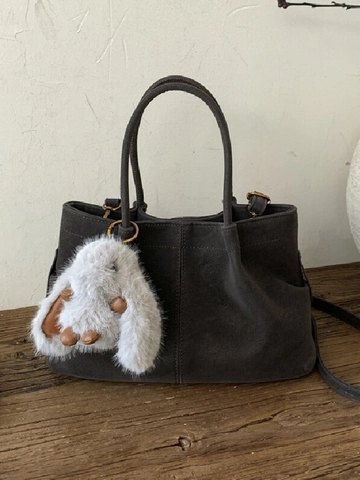 Retro Faux Suede Tote Bag For Women Vintage PU Leather Shoulder Bag With Plush Rabbit Pendant Large Handbag Crossbody Bag