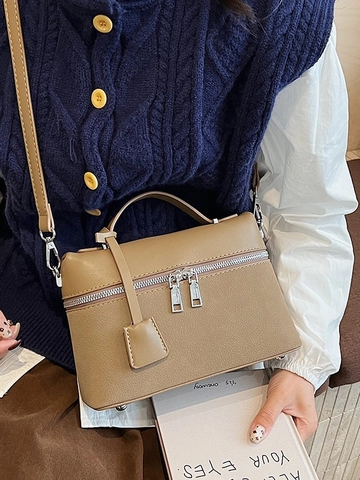 Women's Retro PU Leather Crossbody Bag Casual Large Capacity Double Zipper Small Square Shoulder Bag Top Handle Handbag Fashion Messenger Bag
