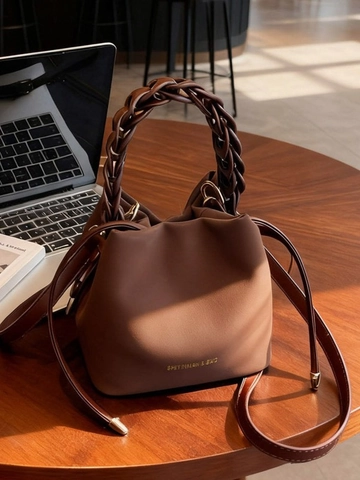 Damen Vintage PU Leder Beuteltasche Geflochtener Griff Kordelzug Mode Vielseitige Schulter Umhängetasche Täglich Handtasche